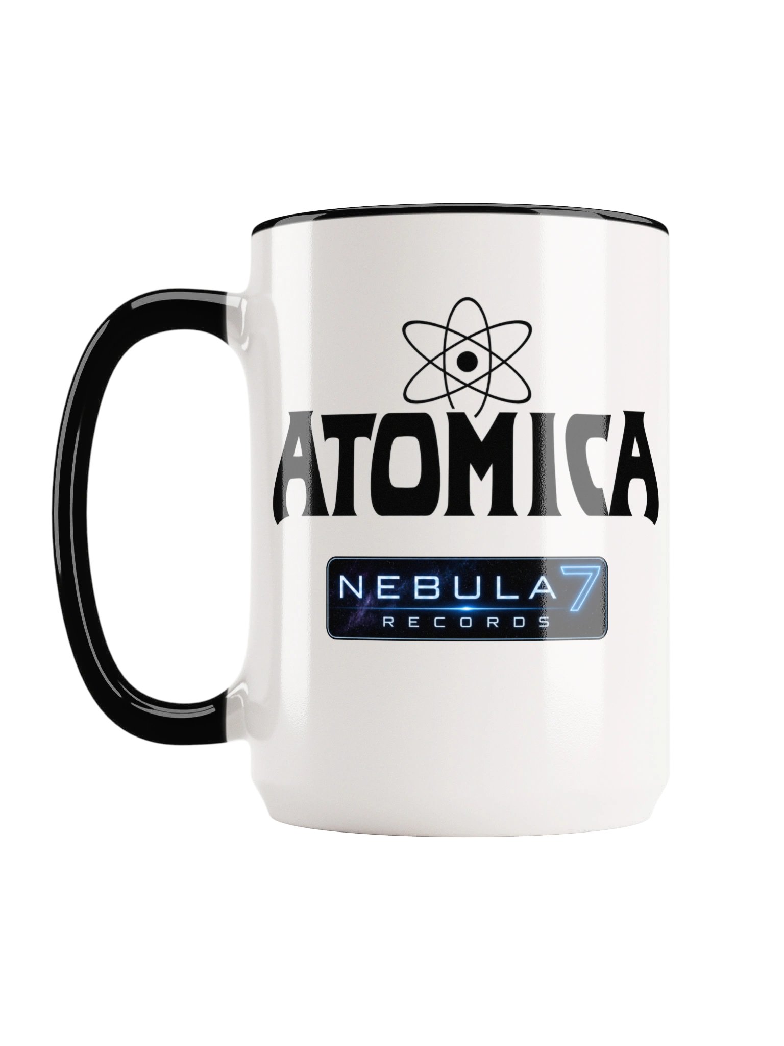 ATOMICA and Nebula7 Records logo side of the white mug