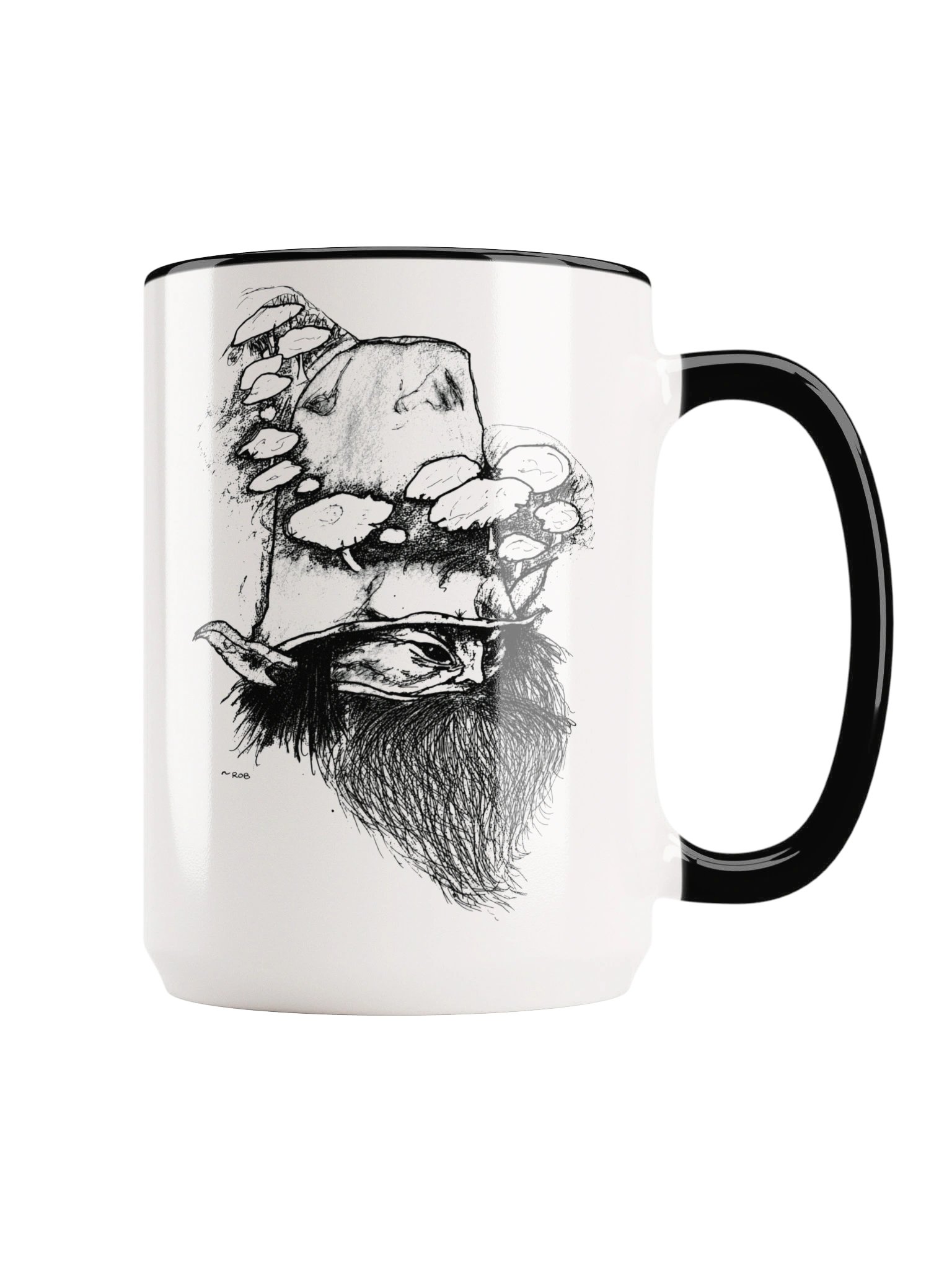 MushMan artwork side of the white Atomica Mug with black handle
