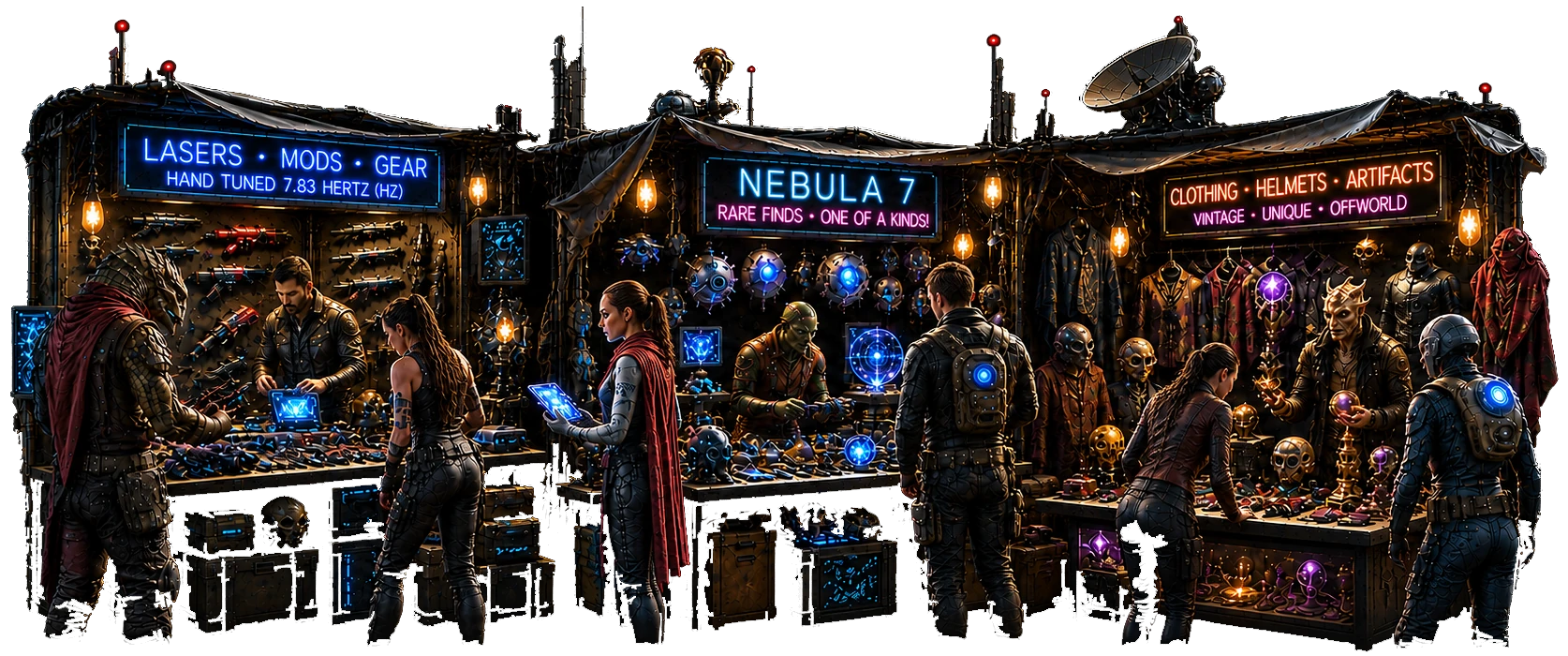 Nebula 7 future market filled with rare gear, clothing, helmets, and offworld artifacts